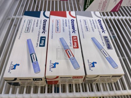 Photo for Prague,Czech republic- June 22 2023: Ozempic box. Czech version of ozempic medication. Diabetes treatment in Czech republic. Package of semaglutide. Diabetes drug.Sometimes abused for weight loss - Royalty Free Image