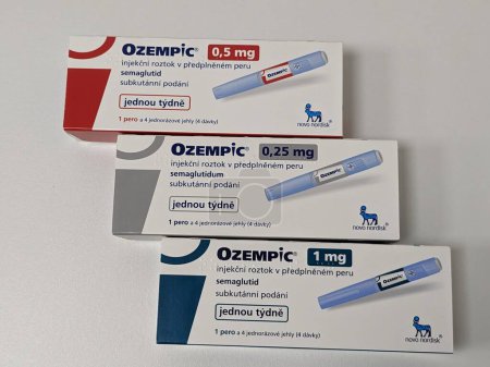 Photo for Prague,Czech republic- June 22 2023: Ozempic box. Czech version of ozempic medication. Diabetes treatment in Czech republic. Package of semaglutide. Diabetes drug.Sometimes abused for weight loss with ATD anti tampering device - Royalty Free Image