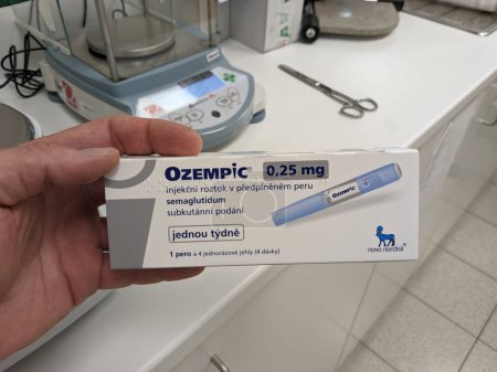 Photo for Prague,Czech republic- June 22 2023: Ozempic box. Czech version of ozempic medication. Diabetes treatment in Czech republic. Package of semaglutide. Diabetes drug.Sometimes abused for weight loss with ATD anti tampering device - Royalty Free Image