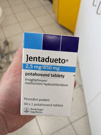 Photo for Prague,Czech republic  May 23 2023 : JENTADUETO is a prescription medicine that contains 2 diabetes medicines, linagliptin and metformin.can be used along with diet and exercise to lower blood sugar - Royalty Free Image