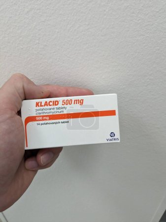 Photo for Prague,Czech republic  May 23 2023 : Pharmacy store- Klacid antibiotics  medicine in pill form in a box standing on a table in soft focus background.Clarithromycin - Royalty Free Image