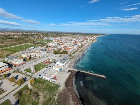 Paralia is a tourist seaside settlement and a former municipality in the eastern part of the Pieria regional unit, Greece,aerial panorama landscape view of Greek coast line and sandy beaches