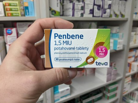 Photo for Prague,Czech republic- October 14 2023:Pharmacy with packages of PENBENE antibiotics medicines ready for dispensation,Shortage of PENICILIN antibiotics-fenoxymethylpenicilin-Pharmacy care background - Royalty Free Image