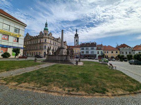 Photo for Pisek,Czech republic-August 22 2023:Pisek historical town with church, old town square ,oldest Bohemian stone bridge in central Europe and historical city center with statures and squares - Royalty Free Image