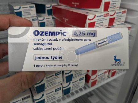 Photo for Prague,Czech republic- June 2 2024: Ozempic box. Czech version of ozempic medication. Diabetes treatment in Czech republic. Package of semaglutide. Diabetes drug.Sometimes abused for weight loss - Royalty Free Image