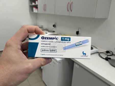 Prague,Czech republic- June 2 2024: Ozempic box. Czech version of ozempic medication. Diabetes treatment in Czech republic. Package of semaglutide. Diabetes drug.Sometimes abused for weight loss