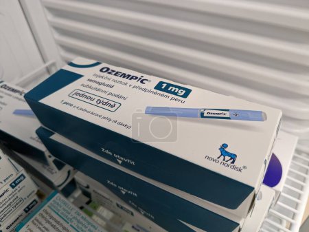 Photo for Prague,Czech republic-January 4 2024: Ozempic box. Czech version of ozempic medication. Diabetes treatment in Czech republic. Package of semaglutide. Diabetes drug.Sometimes abused for weight loss,producer Novo Nordisk - Royalty Free Image