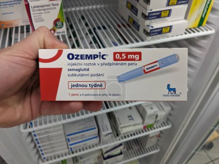 Photo for Prague,Czech republic-January 4 2024: Ozempic box. Czech version of ozempic medication. Diabetes treatment in EU. Package of semaglutide. Diabetes drug.Sometimes abused for weight loss.Novo Nordisk producer from Denmark - Royalty Free Image