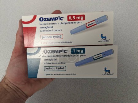 Photo for Prague,Czech republic-January 4 2024: Ozempic box. Box of ozempic medication. Diabetes treatment in Czech republic. Package of semaglutide. Diabetes drug.Sometimes abused for weight loss - Royalty Free Image