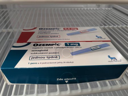 Photo for Prague,Czech republic-January 4 2024: Ozempic box. Box of ozempic medication. Diabetes treatment in Czech republic. Package of semaglutide. Diabetes drug.Sometimes abused for weight loss - Royalty Free Image