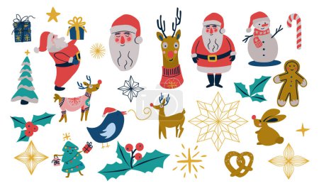 Collection of vectorized Christmas decorative elements, with Santa Claus, Christmas tree, stars, deer, gifts, birds, gingerbread cookie