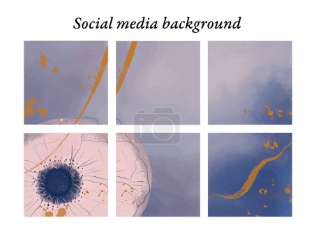 Ilustración de Plantillas de diseño para publicaciones en redes sociales de motivos florales de acuarela en tonos azules, con toques dorados, con espacio para texto e imágenes. - Imagen libre de derechos