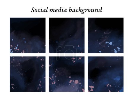 Ilustración de Plantillas abstractas de diseño de post media social, concepto cielo, universo, textura acuarela en tonos azul, rosa y púrpura. Recurso gráfico con espacio para texto. - Imagen libre de derechos