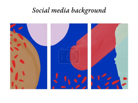 Ilustración de Plantillas de diseño de historias de redes sociales de formas abstractas, manchas de pincel en rojo, rosa, oro y azul, con espacio para texto e imágenes. - Imagen libre de derechos