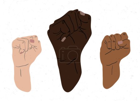 Illustration for Illustration of several arms with raised cuffs. Fists in various skin tones. Concepts of diversity, strength, tolerance, equality, unity, partnership, struggle. - Royalty Free Image