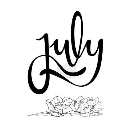 Ilustración de Letrero escrito a mano y vectorizado "Julio". Recurso gráfico sobre fondo blanco, mes de julio del año con flores de gladiolo - Imagen libre de derechos