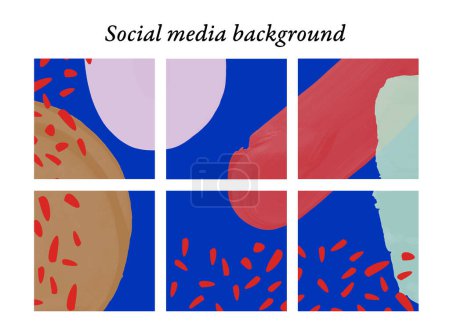 Ilustración de Plantillas de diseño para publicaciones en redes sociales de formas abstractas, manchas de pincel en rojo, rosa, oro y azul, con espacio para texto e imágenes. - Imagen libre de derechos