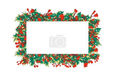 Background, banner or frame of Christmas leaves and fruits. Text space. Christmas theme