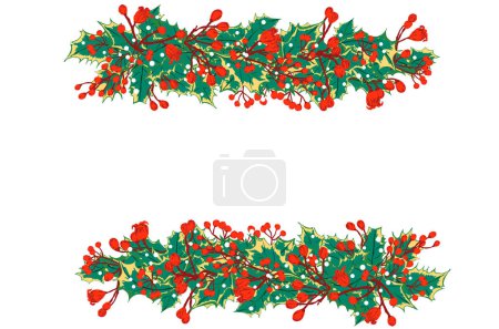 Background illustration or banner of Christmas leaves and fruits. Text space. Christmas theme