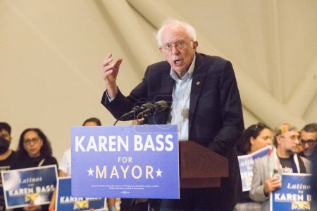 Photo for Politician/United States Senator Bernie Sanders (I-VT) speaks onstage at the Los Angeles Mayoral Candidate Karen Bass GOTV Rally Featuring US Senator Bernie Sanders hosted by California Working Families Party on October 27, 2022 - Royalty Free Image