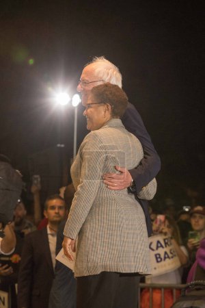 Photo for United States Representative Karen Bass (D-CA) and American politician/United States Senator Bernie Sanders (I-VT) onstage at the Los Angeles Mayoral Candidate Karen Bass GOTV Rally Featuring US Senator Bernie Sanders on October 27, 2022 - Royalty Free Image