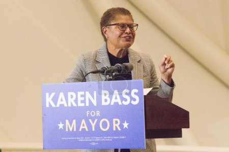 Photo for American politician/United States Representative Karen Bass (D-CA) speaks onstage at the Los Angeles Mayoral Candidate Karen Bass GOTV Rally Featuring US Senator Bernie Sanders hosted by California Working Families Party held at the Playa Vista Centr - Royalty Free Image