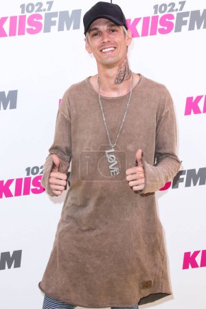 Photo for (FILE) Aaron Carter Dead At 34. Aaron Carter, a former child pop singer and younger brother of Backstreet Boys' Nick Carter was found dead on November 5, 2022. American rapper, singer and actor Aaron Carter (Aaron Charles Carter) arrives at 102.7 KII - Royalty Free Image