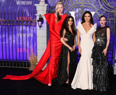 Photo for Actress Gwendoline Christie, actress Jenna Ortega, actress Catherine Zeta-Jones and actress Christina Ricci arrive at World Premiere Of Netflix's 'Wednesday' Season 1 held at Hollywood Legion Theater on November 16, 2022 in Hollywood, LA, CA - Royalty Free Image