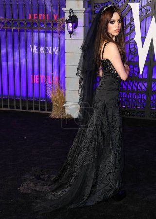 Photo for American actress Jenna Ortega wearing Versace arrives at the World Premiere Of Netflix's 'Wednesday' Season 1 held at the Hollywood American Legion Post 43 at Hollywood Legion Theater on November 16, 2022 in Hollywood, Los Angeles, California - Royalty Free Image