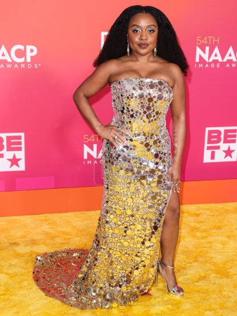 Photo for Quinta Brunson wearing Dundas arrives at the 54th Annual NAACP Image Awards held at the Pasadena Civic Auditorium on February 25, 2023 in Pasadena, Los Angeles, California, United States. - Royalty Free Image
