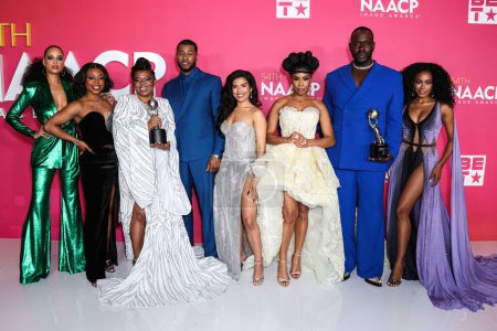 Téléchargez les photos : Winners of the Outstanding Drama Series award for 'P-Valley' pose in the press room at the 54th Annual NAACP Image Awards held at the Pasadena Civic Auditorium on February 25, 2023 in Pasadena, Los Angeles, California, United States. - en image libre de droit