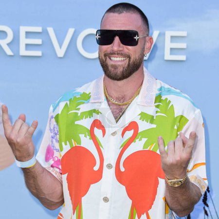 Photo for Travis Kelce arrives at the REVOLVE Festival 2023 celebrating the 20th Anniversary of REVOLVE in partnership with The h.wood Group on April 15, 2023 in Thermal, Coachella Valley, Riverside County, California, United States. - Royalty Free Image