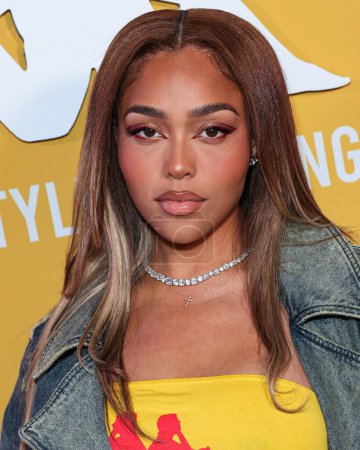 Photo for Jordyn Woods arrives at the PrettyLittleThing X Kappa Launch Party held at the Sunset Room Hollywood on May 9, 2023 in Hollywood, Los Angeles, California, United States. - Royalty Free Image