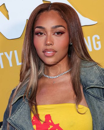 Photo for Jordyn Woods arrives at the PrettyLittleThing X Kappa Launch Party held at the Sunset Room Hollywood on May 9, 2023 in Hollywood, Los Angeles, California, United States. - Royalty Free Image