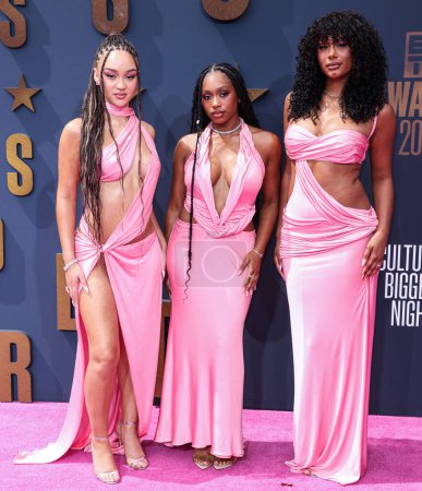 Photo for Stella Quaresma, Renee Downer and Jorja Douglas of Flo arrive at the BET Awards 2023 held at Microsoft Theater at L.A. Live on June 25, 2023 in Los Angeles, California, United States. - Royalty Free Image