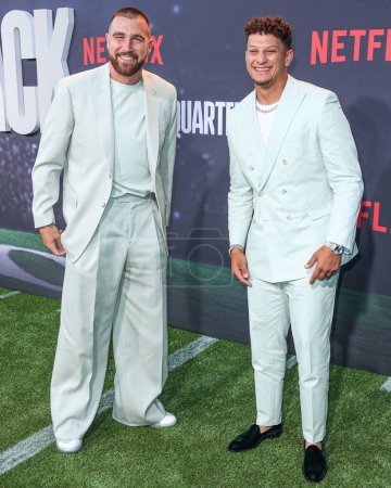 Photo for Travis Kelce and  Patrick Mahomes arrive at the Los Angeles Premiere Of Netflix's 'Quarterback' Season 1 held at the Netflix Tudum Theater on July 11, 2023 in Hollywood, Los Angeles, California, United States - Royalty Free Image
