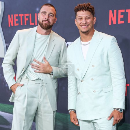 Photo for Travis Kelce and  Patrick Mahomes arrive at the Los Angeles Premiere Of Netflix's 'Quarterback' Season 1 held at the Netflix Tudum Theater on July 11, 2023 in Hollywood, Los Angeles, California, United States - Royalty Free Image