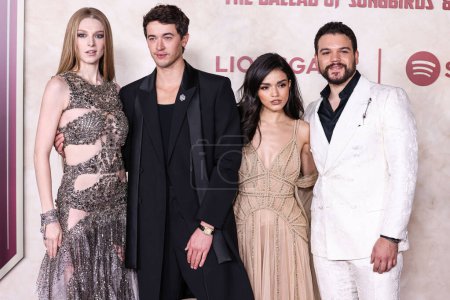 Photo for Hunter Schafer, Tom Blyth, Rachel Zegler and Josh Andres Rivera arrive at the Los Angeles Premiere Of Lions Gate Films' 'The Hunger Games: The Ballad Of Songbirds And Snakes' held at the TCL Chinese Theatre IMAX on November 13, 2023 in Hollywood, LA - Royalty Free Image