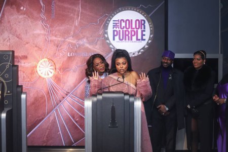 Photo for Oprah Winfrey, Taraji P. Henson, Blitz Bazawule and Fantasia Barrino attend as Oprah Winfrey And The Cast Of Warner Bros.' 'The Color Purple' Light The Empire State Building PURPLE to celebrate the 2023 film's release on December 12, 2023 - Royalty Free Image