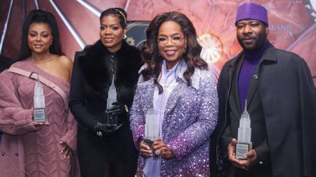 Photo for Taraji P. Henson, Fantasia Barrino, Oprah Winfrey and Blitz Bazawule attend as Oprah Winfrey And The Cast Of Warner Bros.' 'The Color Purple' Light The Empire State Building PURPLE to celebrate the 2023 film's release on December 12, 2023 - Royalty Free Image
