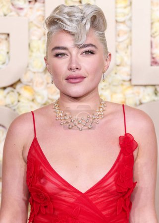 Photo for Florence Pugh wearing a Valentino look and Tiffany and Co. jewelry arrives at the 81st Annual Golden Globe Awards held at The Beverly Hilton Hotel on January 7, 2024 in Beverly Hills, Los Angeles, California, United States. - Royalty Free Image