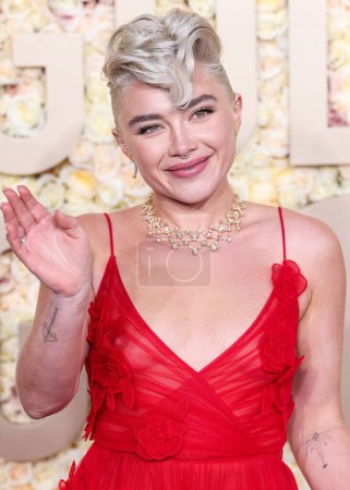 Photo for Florence Pugh wearing a Valentino look and Tiffany and Co. jewelry arrives at the 81st Annual Golden Globe Awards held at The Beverly Hilton Hotel on January 7, 2024 in Beverly Hills, Los Angeles, California, United States. - Royalty Free Image