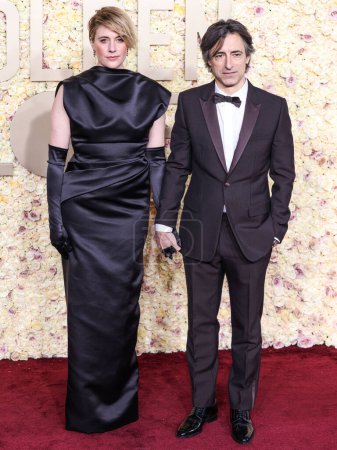 Photo for Greta Gerwig and Noah Baumbach arrive at the 81st Annual Golden Globe Awards held at The Beverly Hilton Hotel on January 7, 2024 in Beverly Hills, Los Angeles, California, United States. - Royalty Free Image