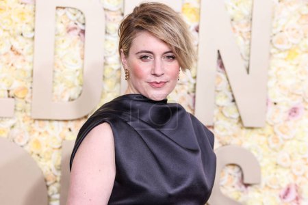 Photo for Greta Gerwig wearing a FENDI Couture dress, Jimmy Choo shoes, and Pomellato jewelry arrives at the 81st Annual Golden Globe Awards held at The Beverly Hilton Hotel on January 7, 2024 in Beverly Hills, Los Angeles, California, United States. - Royalty Free Image