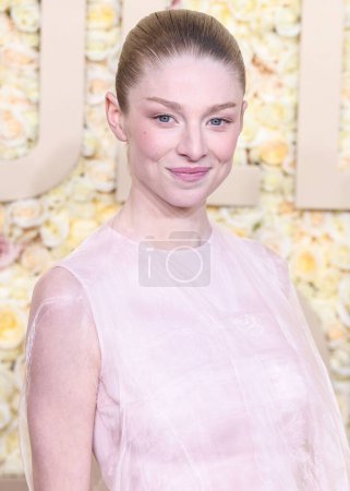 Photo for Hunter Schafer wearing a custom Prada gown arrives at the 81st Annual Golden Globe Awards held at The Beverly Hilton Hotel on January 7, 2024 in Beverly Hills, Los Angeles, California, United States. - Royalty Free Image