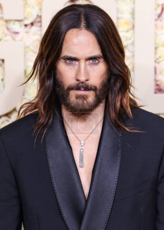 Photo for Jared Leto wearing Givenchy with Christian Louboutin boots and a Cartier necklace arrives at the 81st Annual Golden Globe Awards held at The Beverly Hilton Hotel on January 7, 2024 in Beverly Hills, Los Angeles, California, United States. - Royalty Free Image