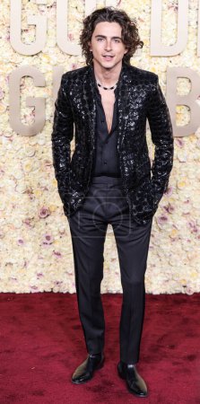 Photo for Timothee Chalamet wearing CELINE HOMME by Hedi Slimane arrives at the 81st Annual Golden Globe Awards held at The Beverly Hilton Hotel on January 7, 2024 in Beverly Hills, Los Angeles, California, United States. - Royalty Free Image