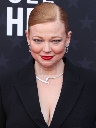 Photo for Sarah Snook wearing a custom Cong Tri dress, Manolo Blahnik shoes, a Tyler Ellis bag, and Bucherer jewelry arrives at the 29th Annual Critics' Choice Awards held at The Barker Hangar on January 14, 2024 in Santa Monica, Los Angeles, California, USA - Royalty Free Image