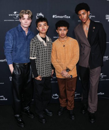 Photo for Connor Finnerty, AJ Boogie, Cameron J. Wright, YM Collier and Rahja Fuller of Pop Money arrive at Universal Music Group's 2024 66th GRAMMY Awards After Party held at nya studios WEST on February 4, 2024 in Hollywood, Los Angeles, California, USA. - Royalty Free Image