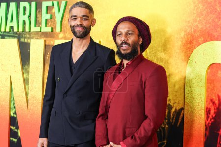 Photo for Kingsley Ben-Adir and Ziggy Marley arrive at the Los Angeles Premiere Of Paramount Pictures' 'Bob Marley: One Love' held at the Regency Village Theatre on February 6, 2024 in Westwood, Los Angeles, California, United States. - Royalty Free Image